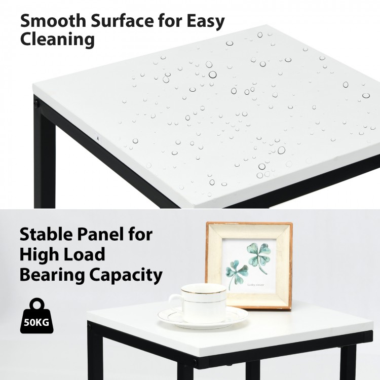 White 3-tier sofa side table with a smooth surface, sturdy black steel frame, ideal for storage and display in any room.